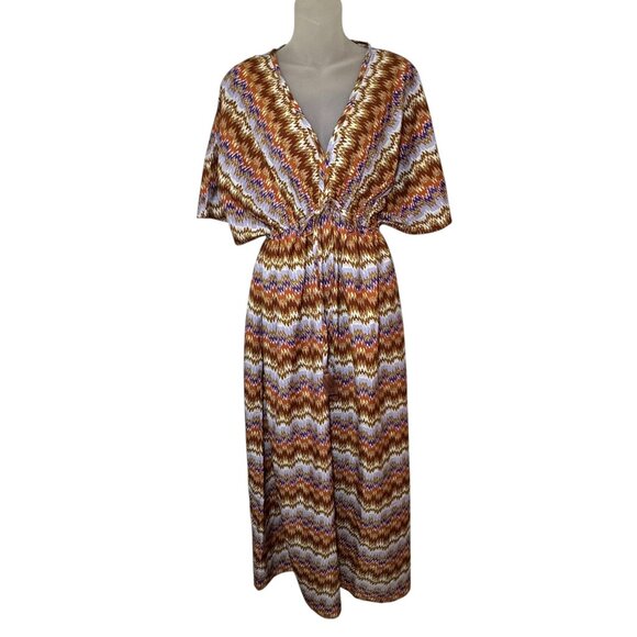 World Market Mira Brown And Purple Ritmo Geometric Kaftan Dress S/M - Picture 2 of 11